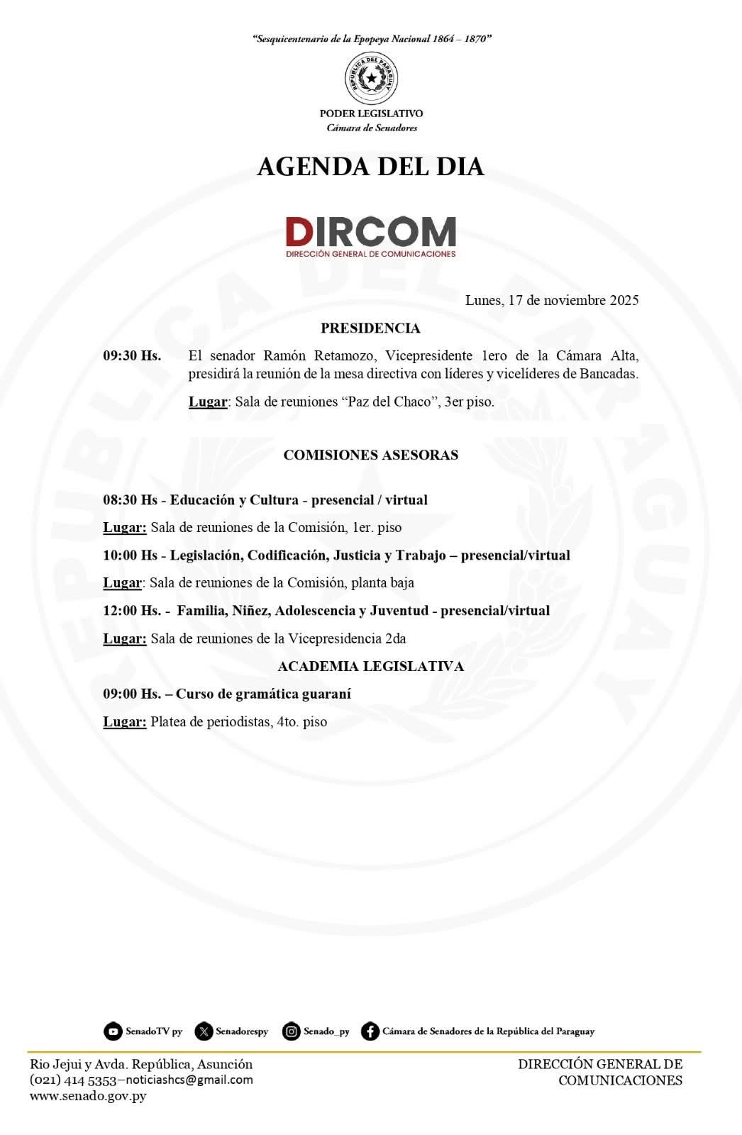 Agenda de Cámara de Senadores 