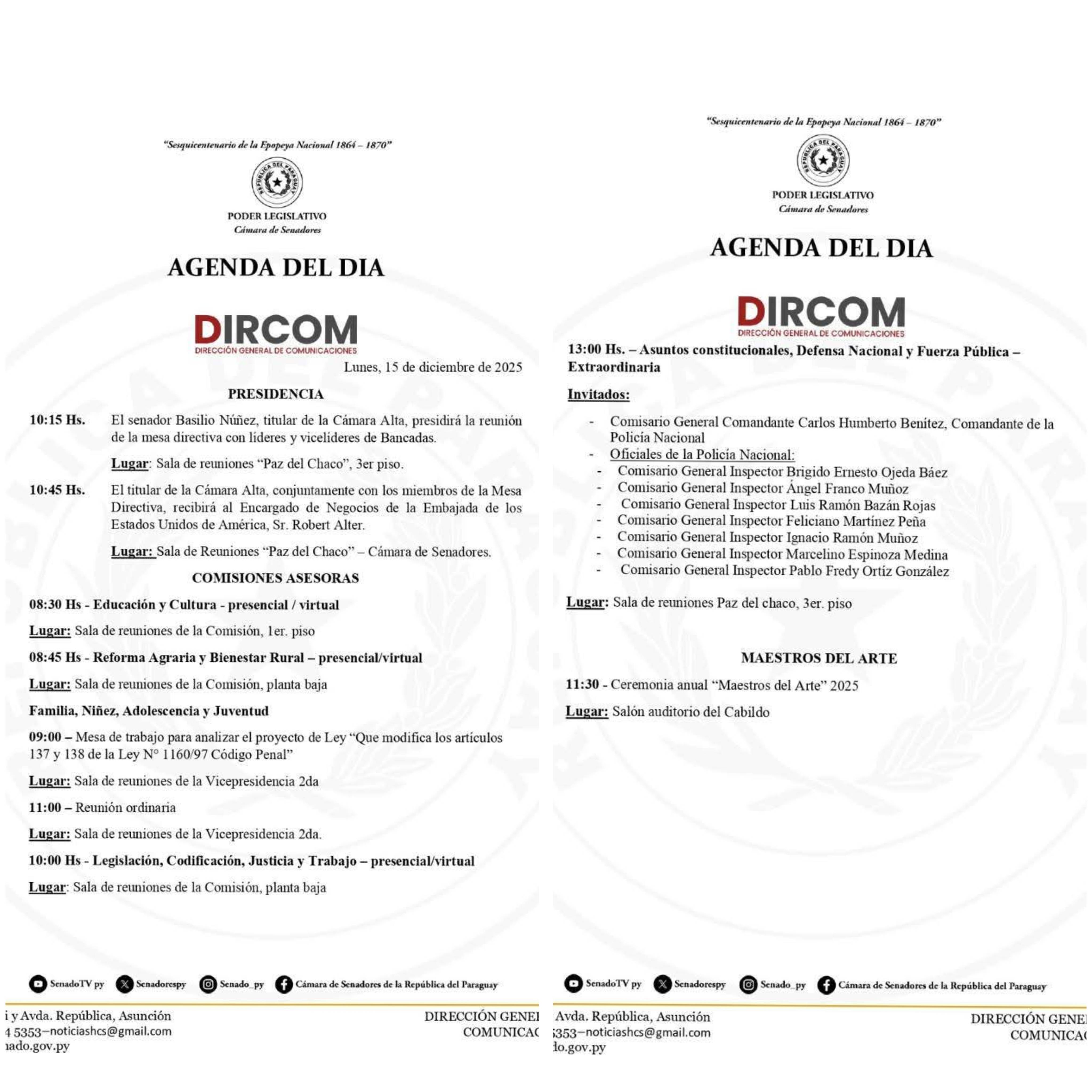 Agenda de Cámara de Senadores 