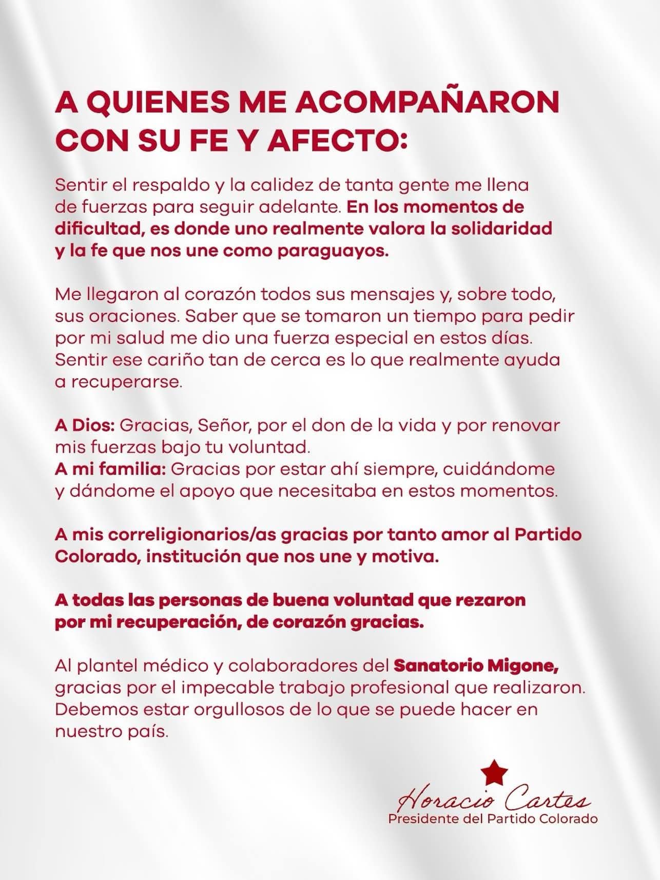 Mensaje de agradecimiento y unidad