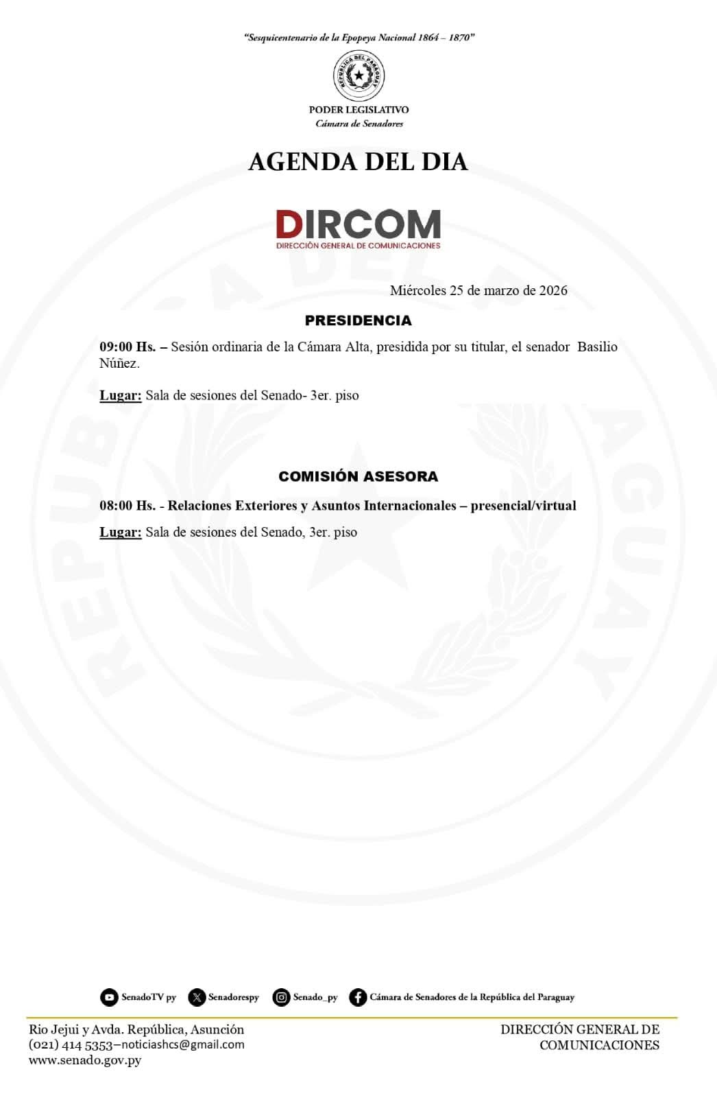 Agenda C谩mara de Senadores
