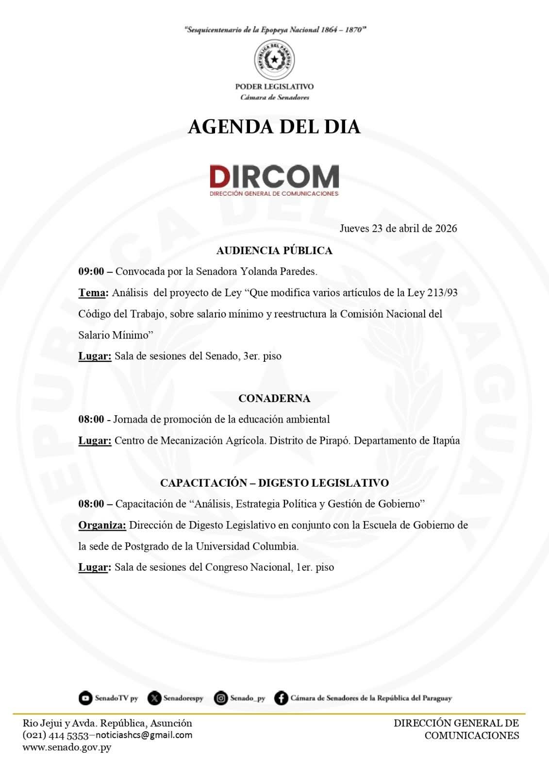 Agenda Cámara de Senadores 