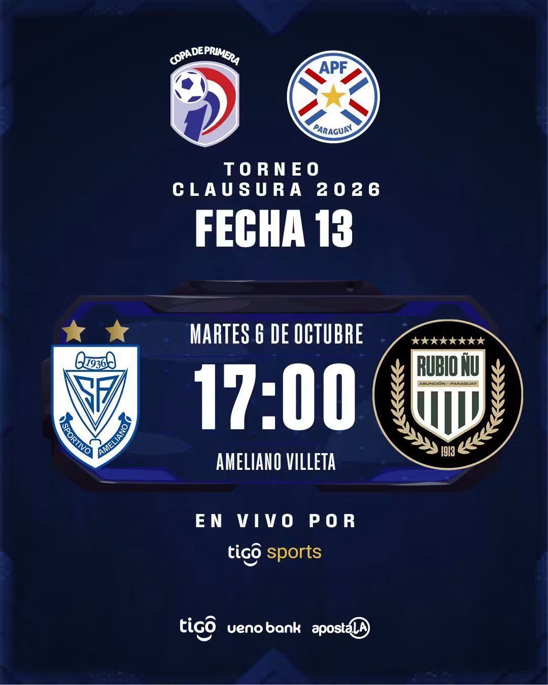 Sportivo Ameliano vs. Rubio Ñu, a partir de las 17:00